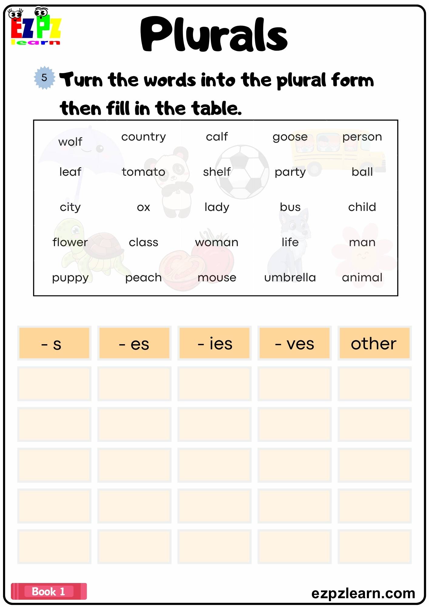 Plural Nouns Put The Words In The Correct Column Worksheet Book 1